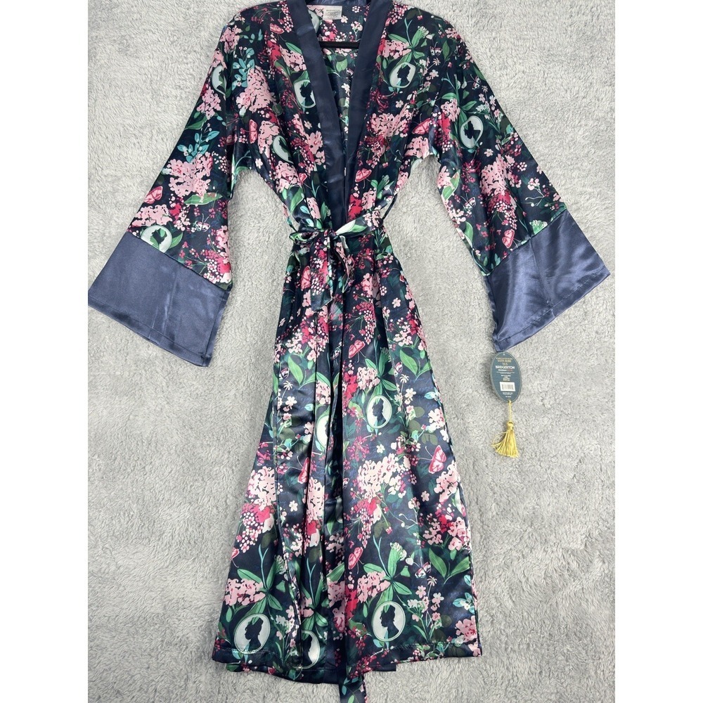 Bridgerton Izzy & Liv Dearest Gentle Reader Satin Robe Floral Navy XS/S NWT